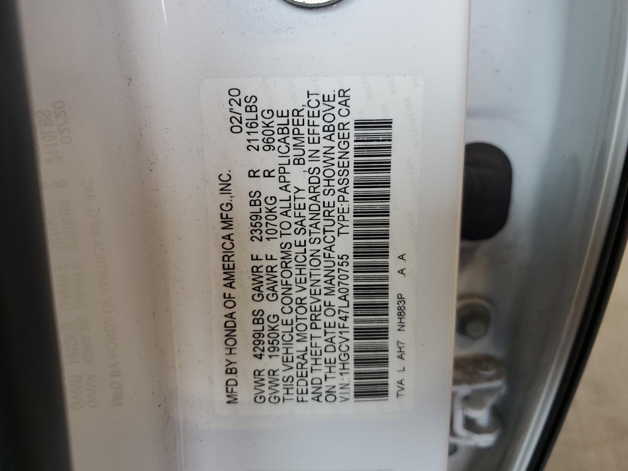 2020 Honda Accord Ex VIN: 1HGCV1F47LA070755 Lot: 62410855
