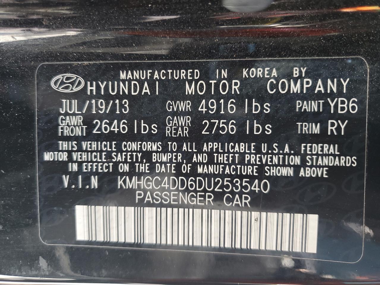 2013 Hyundai Genesis 3.8L VIN: KMHGC4DD6DU253540 Lot: 61496295