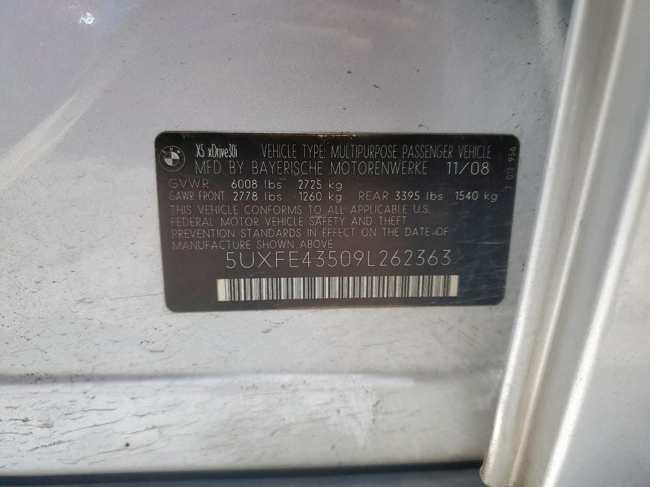 2009 BMW X5 xDrive30I VIN: 5UXFE43509L262363 Lot: 61384495