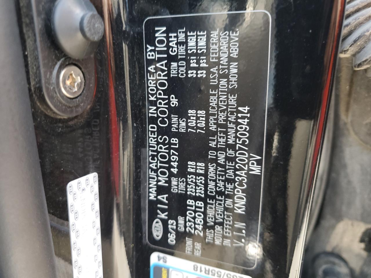 2013 Kia Sportage Ex VIN: KNDPC3A20D7509414 Lot: 62112665