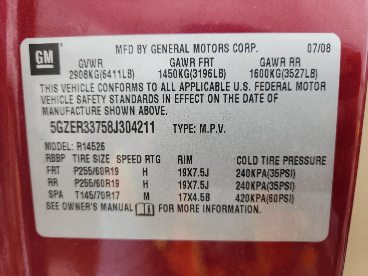 2008 Saturn Outlook Xr VIN: 5GZER33758J304211 Lot: 61448465