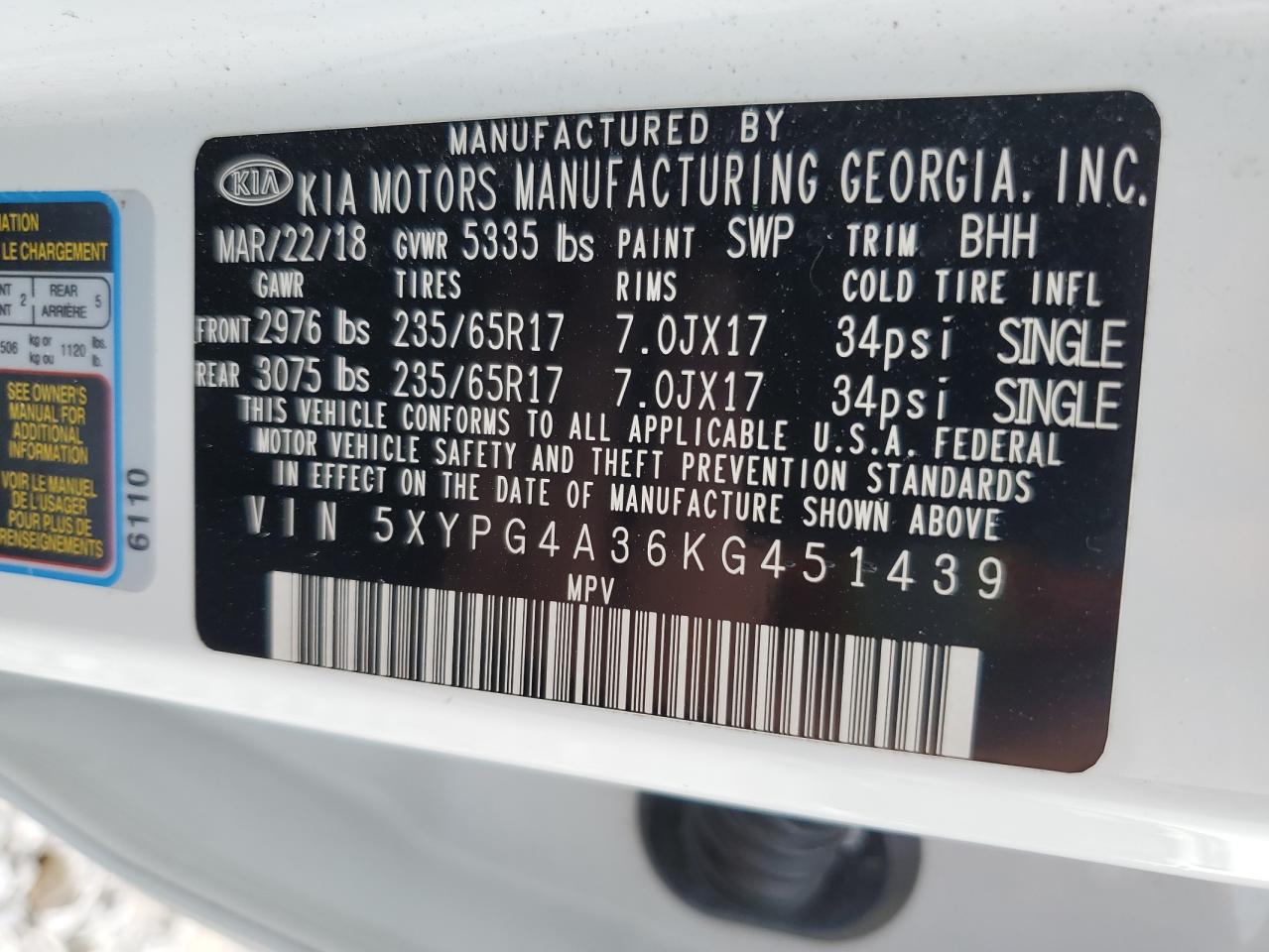 2018 Kia Sorento L VIN: 5XYPG4A36KG451439 Lot: 62737535