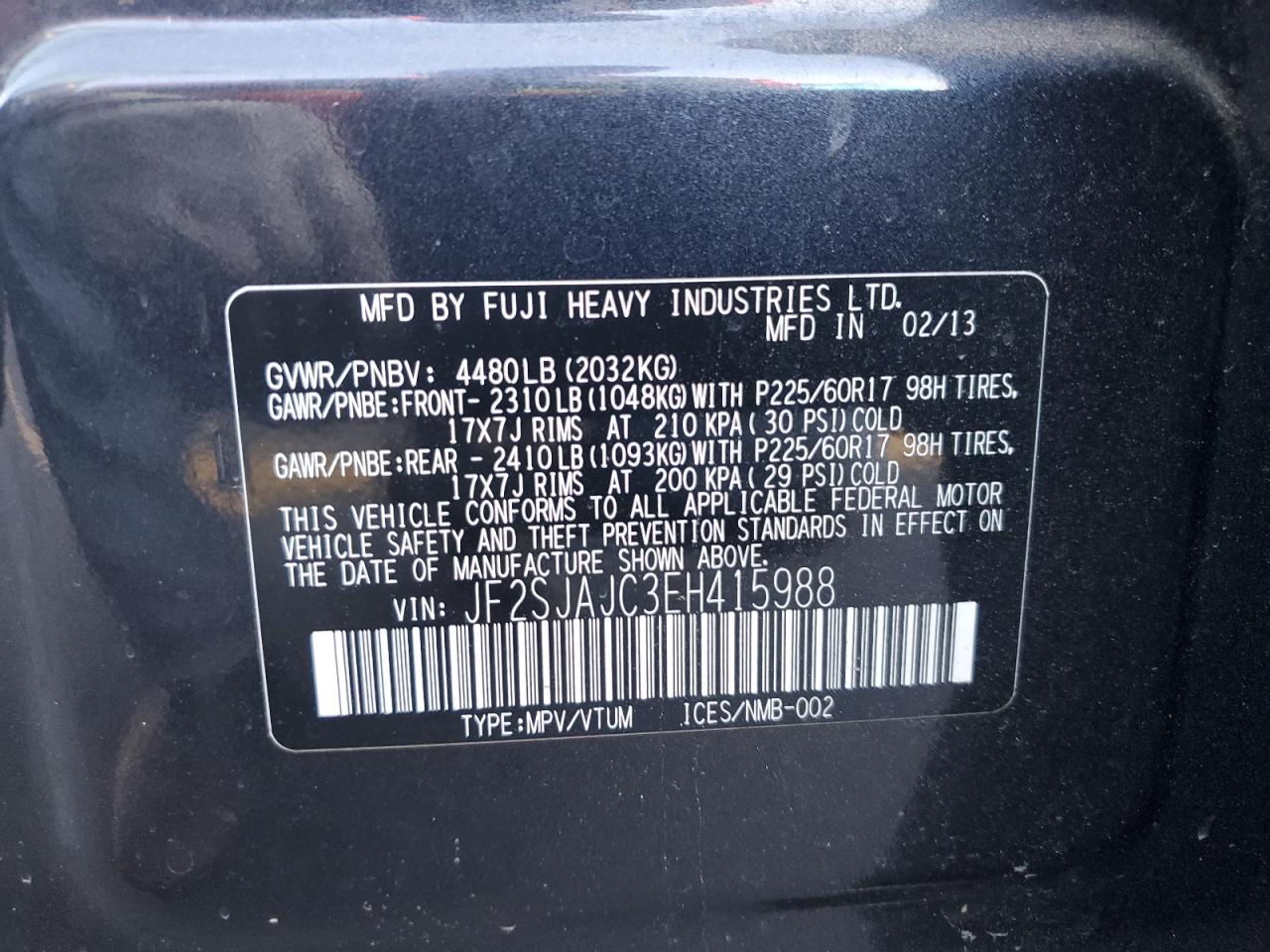 2014 Subaru Forester 2.5I Limited VIN: JF2SJAJC3EH415988 Lot: 62198135