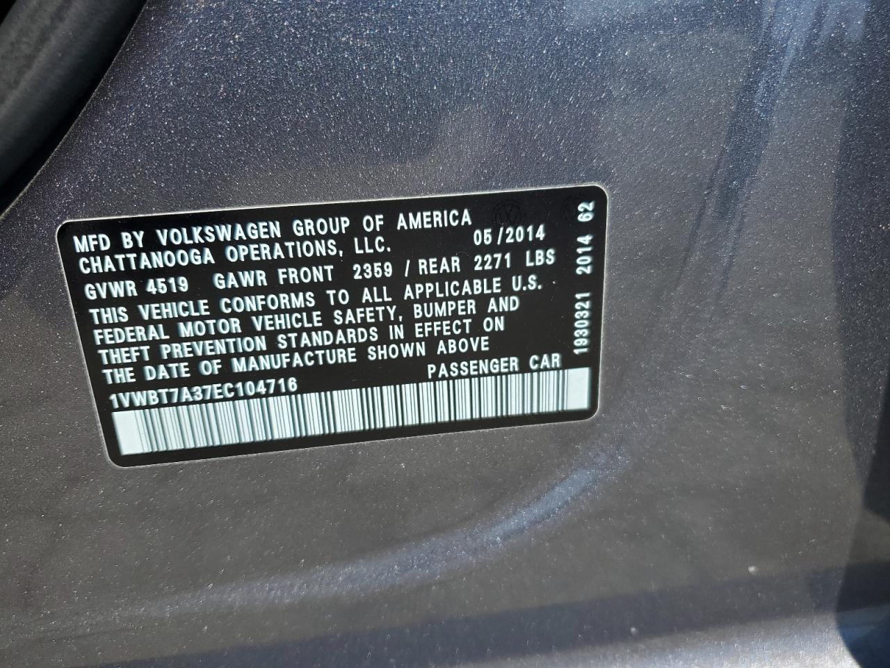 2014 Volkswagen Passat Se VIN: 1VWBT7A37EC104716 Lot: 63116465