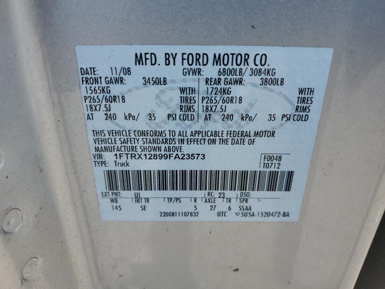 2009 Ford F150 Super Cab VIN: 1FTRX12899FA23573 Lot: 62555165