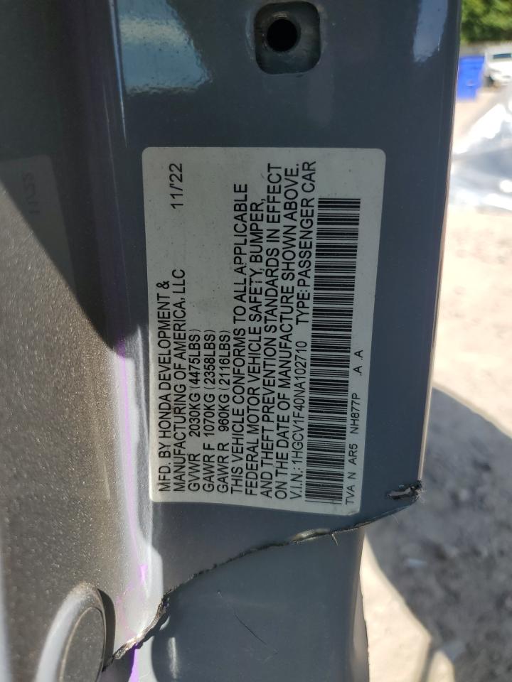 2022 Honda Accord Sport Se VIN: 1HGCV1F40NA102710 Lot: 61575075