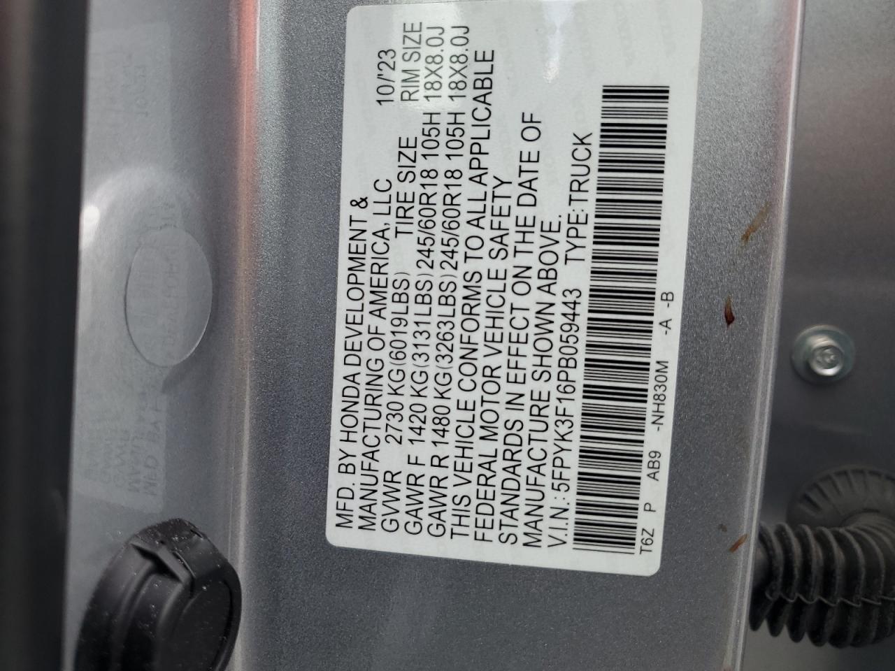 2023 Honda Ridgeline Sport VIN: 5FPYK3F16PB059443 Lot: 62287345