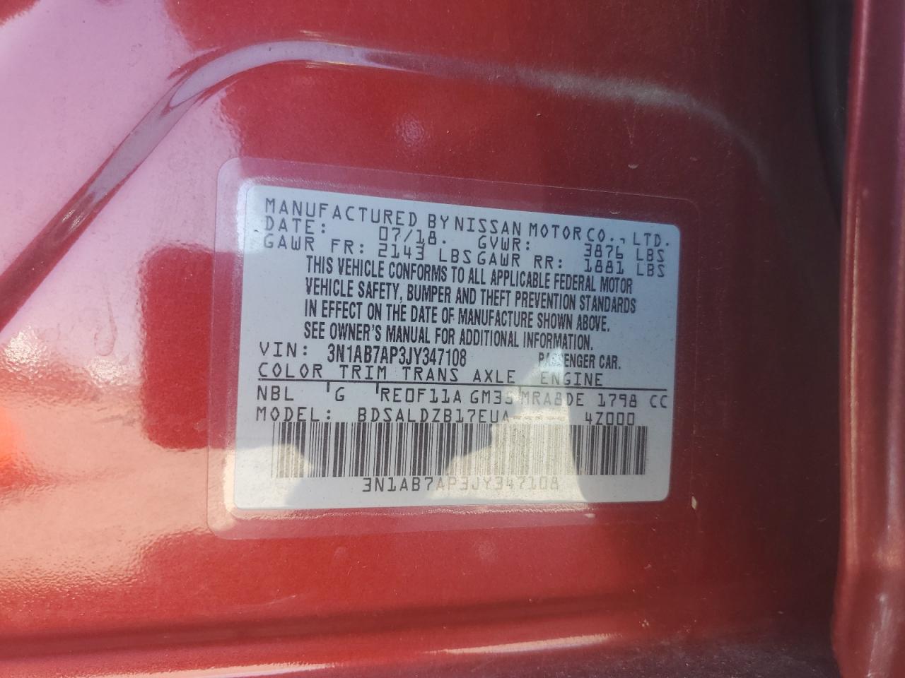2018 Nissan Sentra S VIN: 3N1AB7AP3JY347108 Lot: 62919235