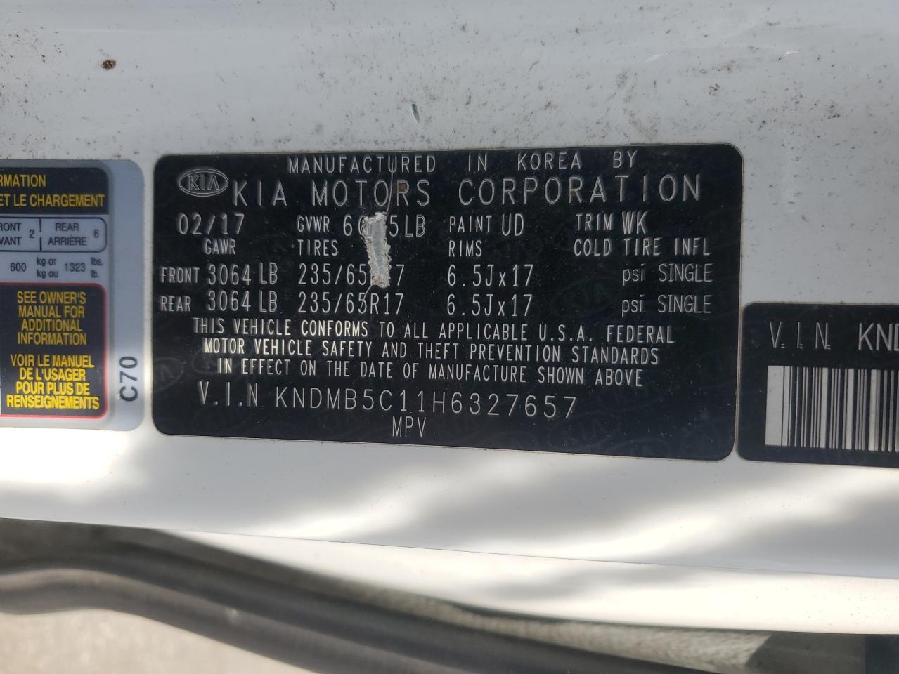 2017 Kia Sedona Lx VIN: KNDMB5C11H6327657 Lot: 61920045