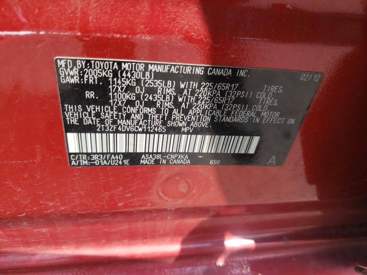 2012 Toyota Rav4 VIN: 2T3ZF4DV6CW112465 Lot: 59090375