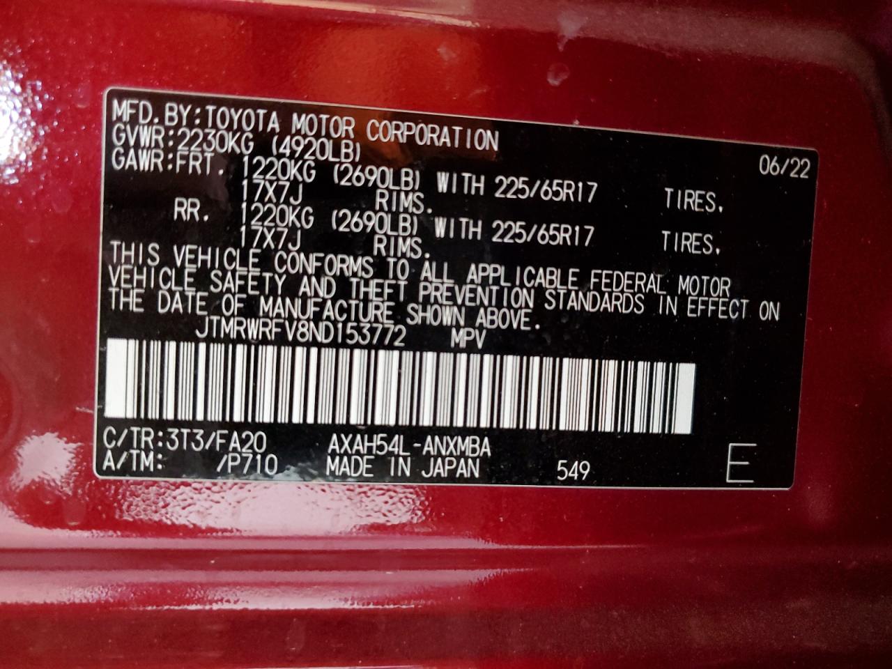 2022 Toyota Rav4 Xle VIN: JTMRWRFV8ND153772 Lot: 61871905