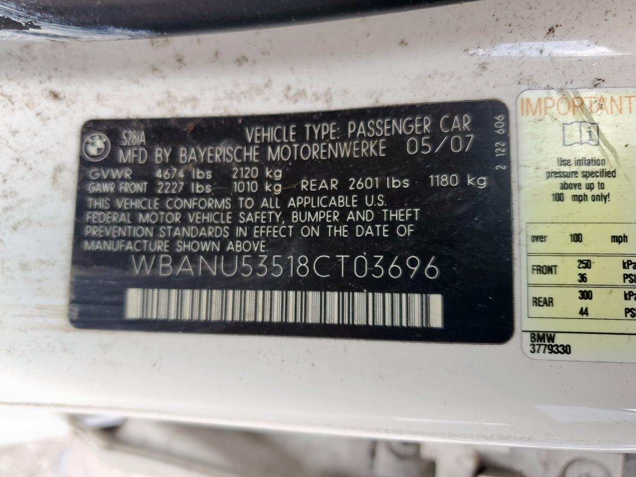 2008 BMW 528 I VIN: WBANU53518CT03696 Lot: 59939335