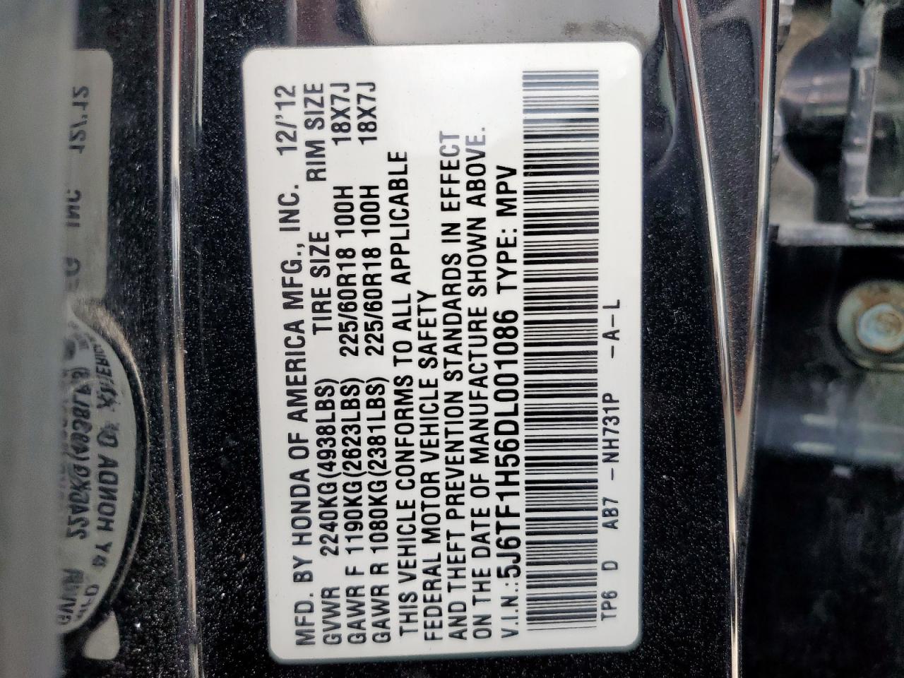 2013 Honda Crosstour Exl VIN: 5J6TF1H56DL001086 Lot: 61804525