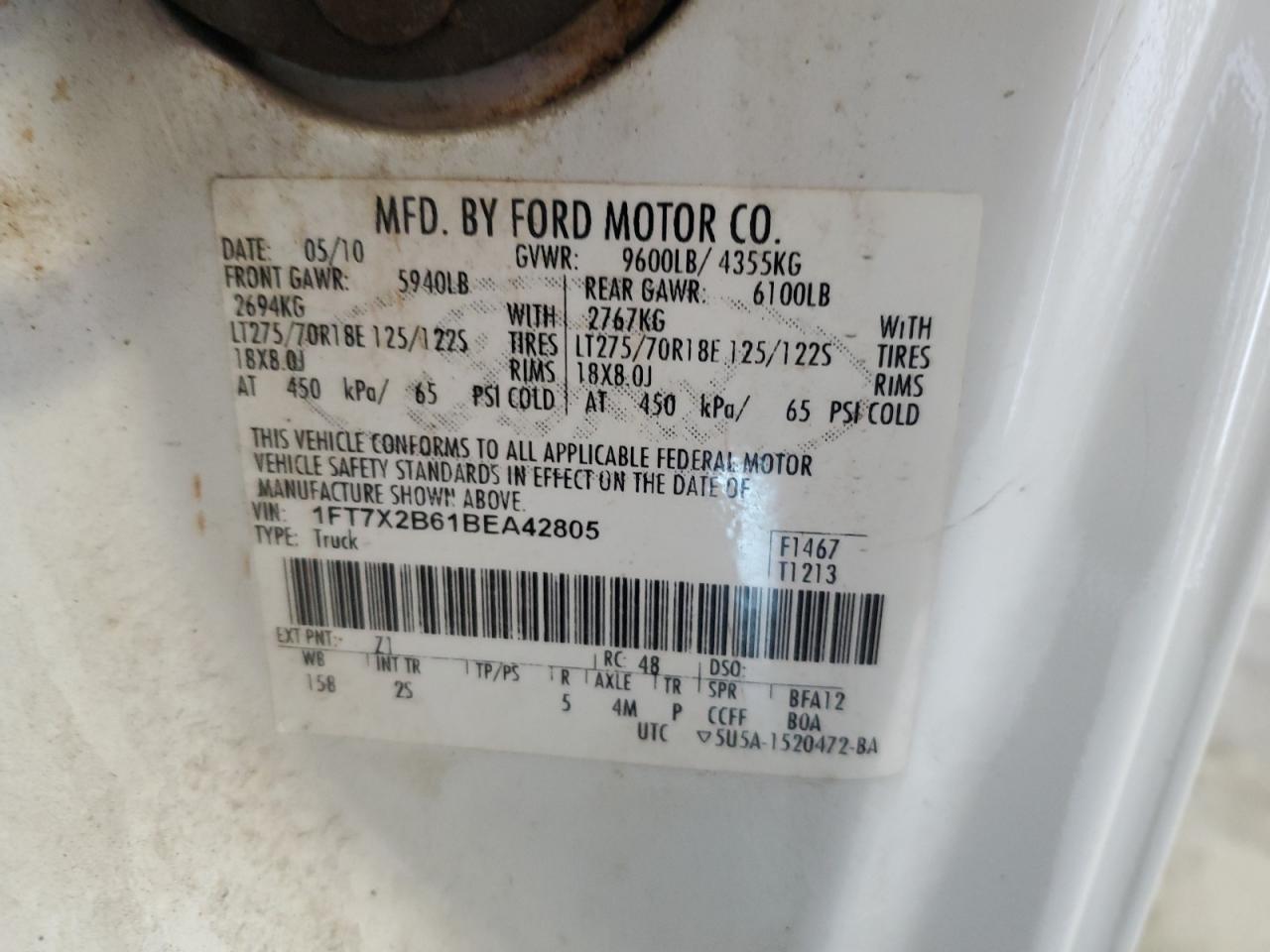 2011 Ford F250 Super Duty VIN: 1FT7X2B61BEA42805 Lot: 61054005