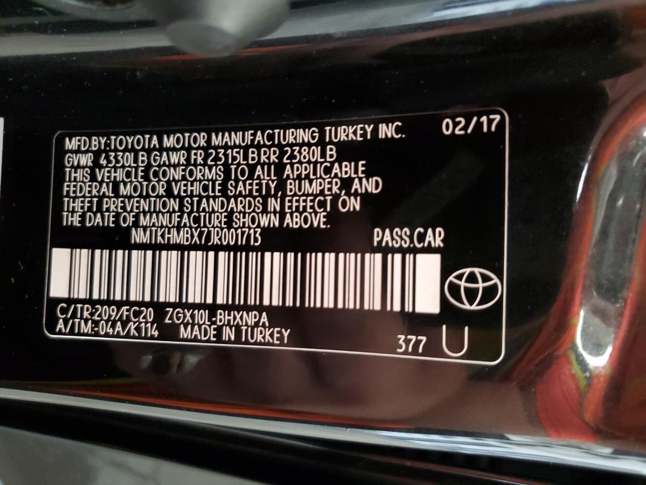 2018 Toyota C-Hr Xle VIN: NMTKHMBX7JR001713 Lot: 63001175