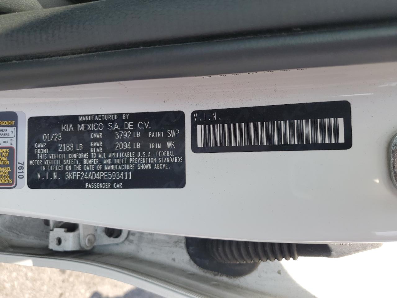 2023 Kia Forte Lx VIN: 3KPF24AD4PE593411 Lot: 61203305