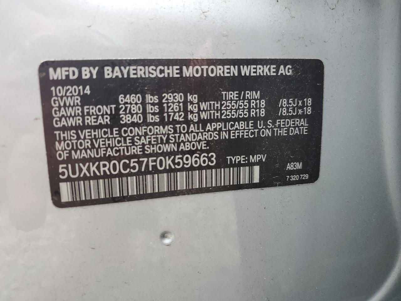 2015 BMW X5 xDrive35I VIN: 5UXKR0C57F0K59663 Lot: 62679465