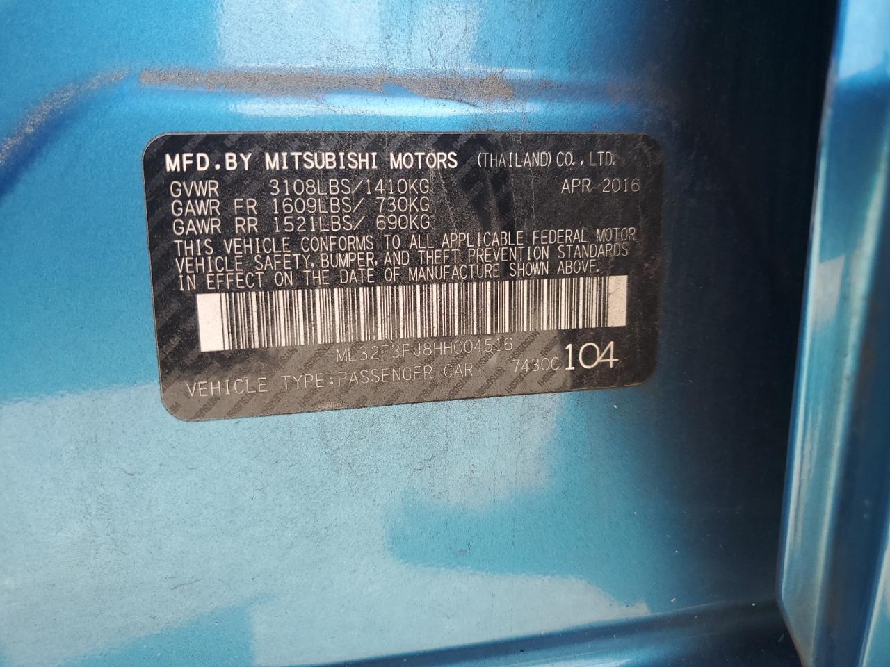 2017 Mitsubishi Mirage G4 Es VIN: ML32F3FJ8HH004516 Lot: 62414745