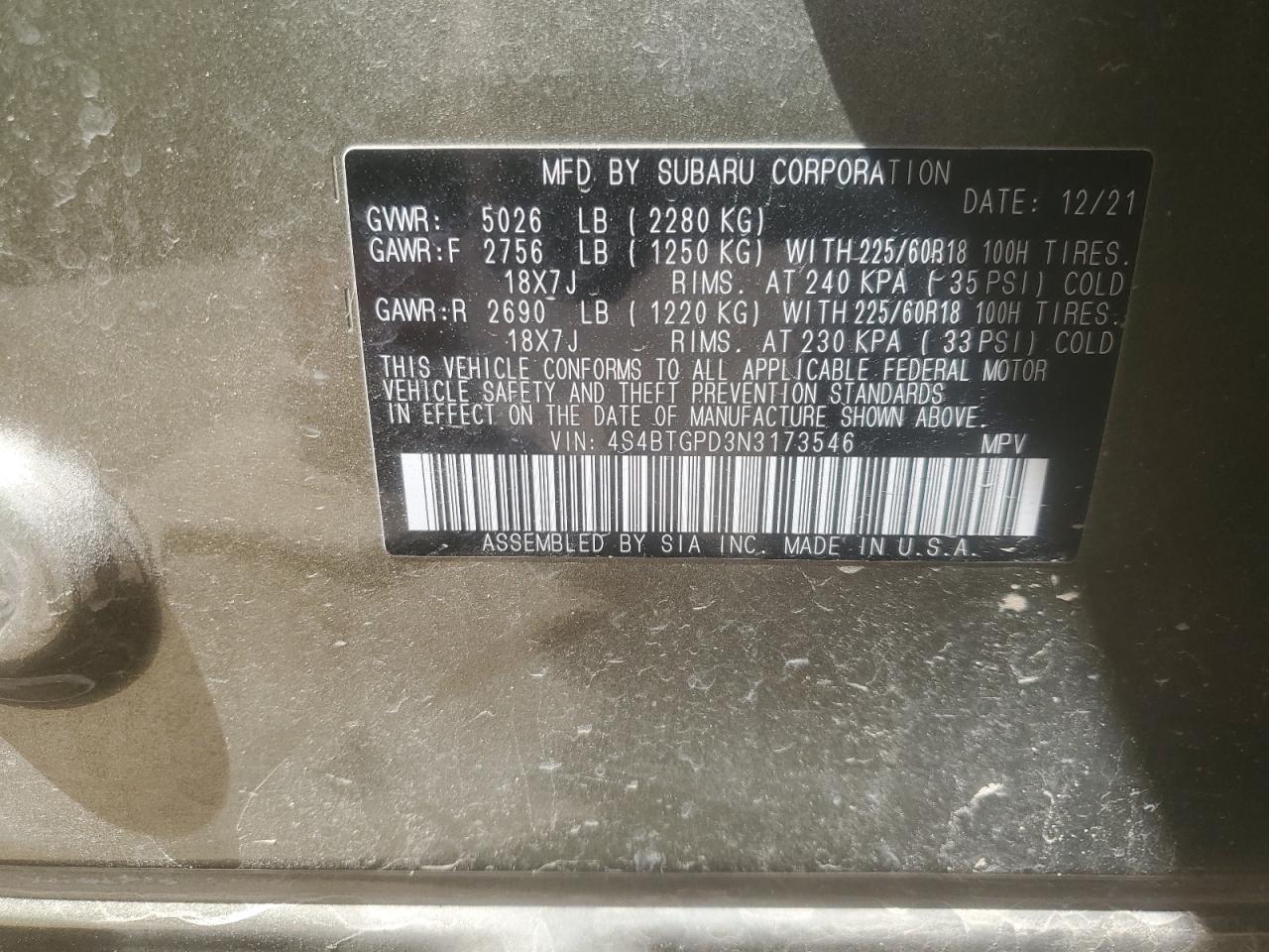 2022 Subaru Outback Touring VIN: 4S4BTGPD3N3173546 Lot: 61101425