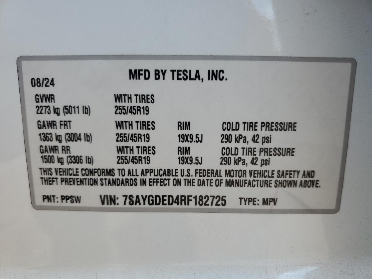 2024 Tesla Model Y VIN: 7SAYGDED4RF182725 Lot: 62392615