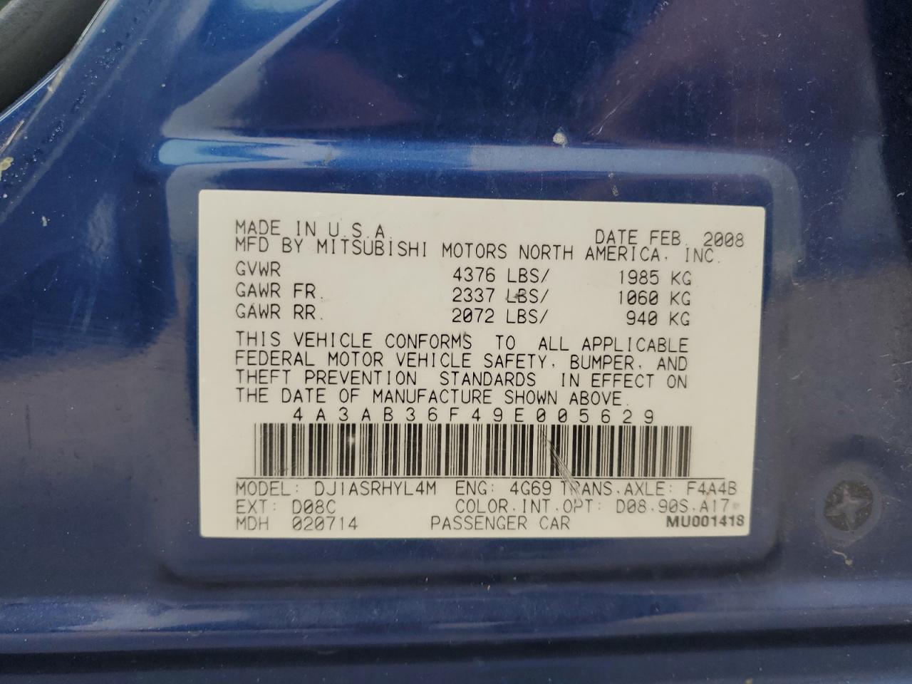 2009 Mitsubishi Galant Es VIN: 4A3AB36F49E005629 Lot: 59979965