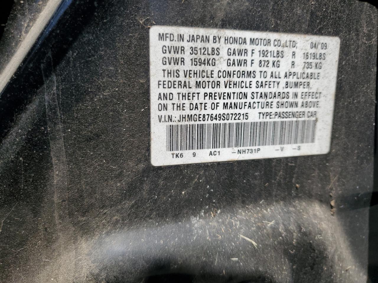 2009 Honda Fit Sport VIN: JHMGE87649S072215 Lot: 60176645