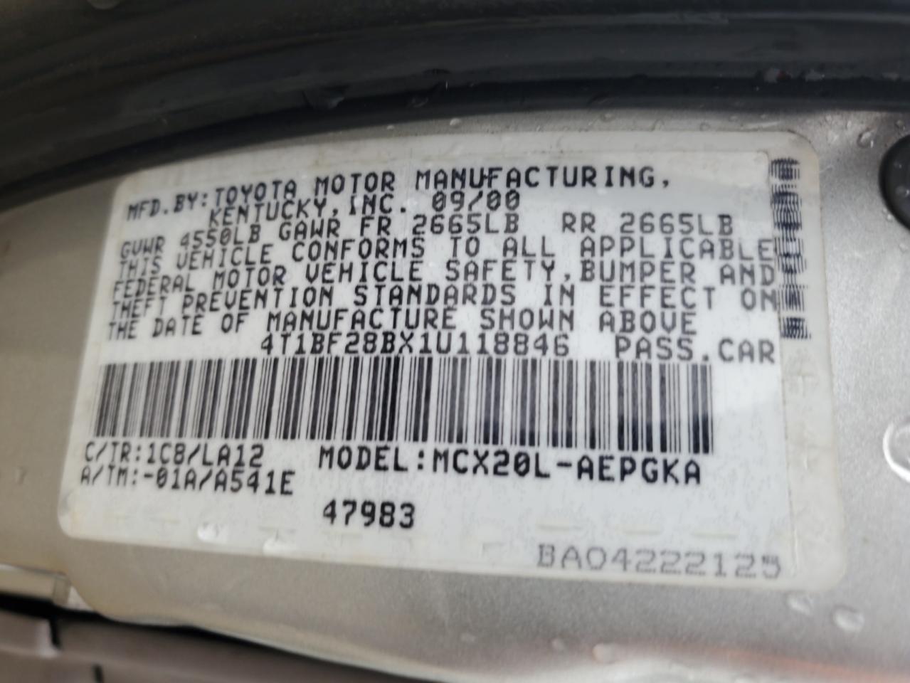 2001 Toyota Avalon Xl VIN: 4T1BF28BX1U118846 Lot: 61127325