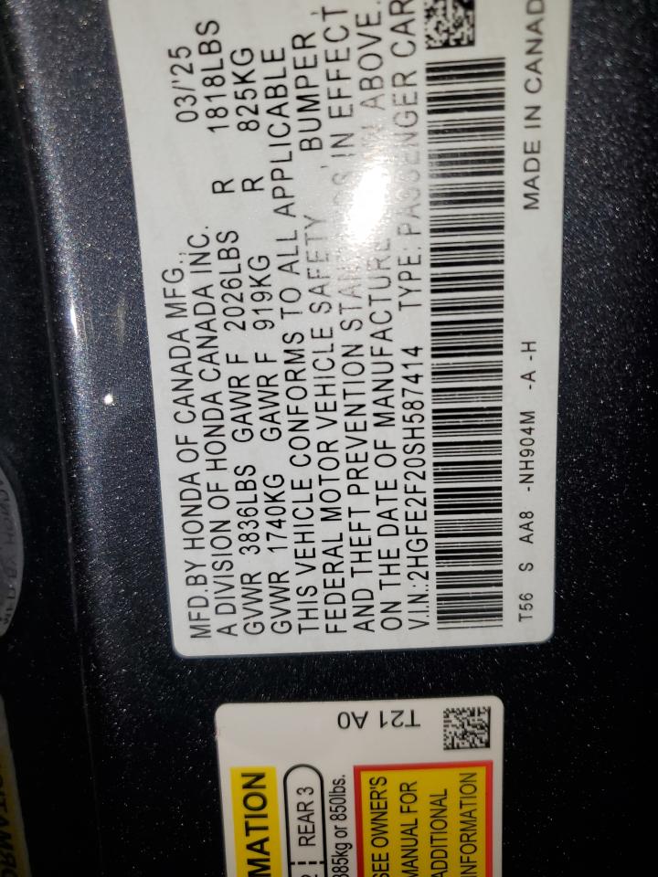2025 Honda Civic Lx VIN: 2HGFE2F20SH587414 Lot: 63151025