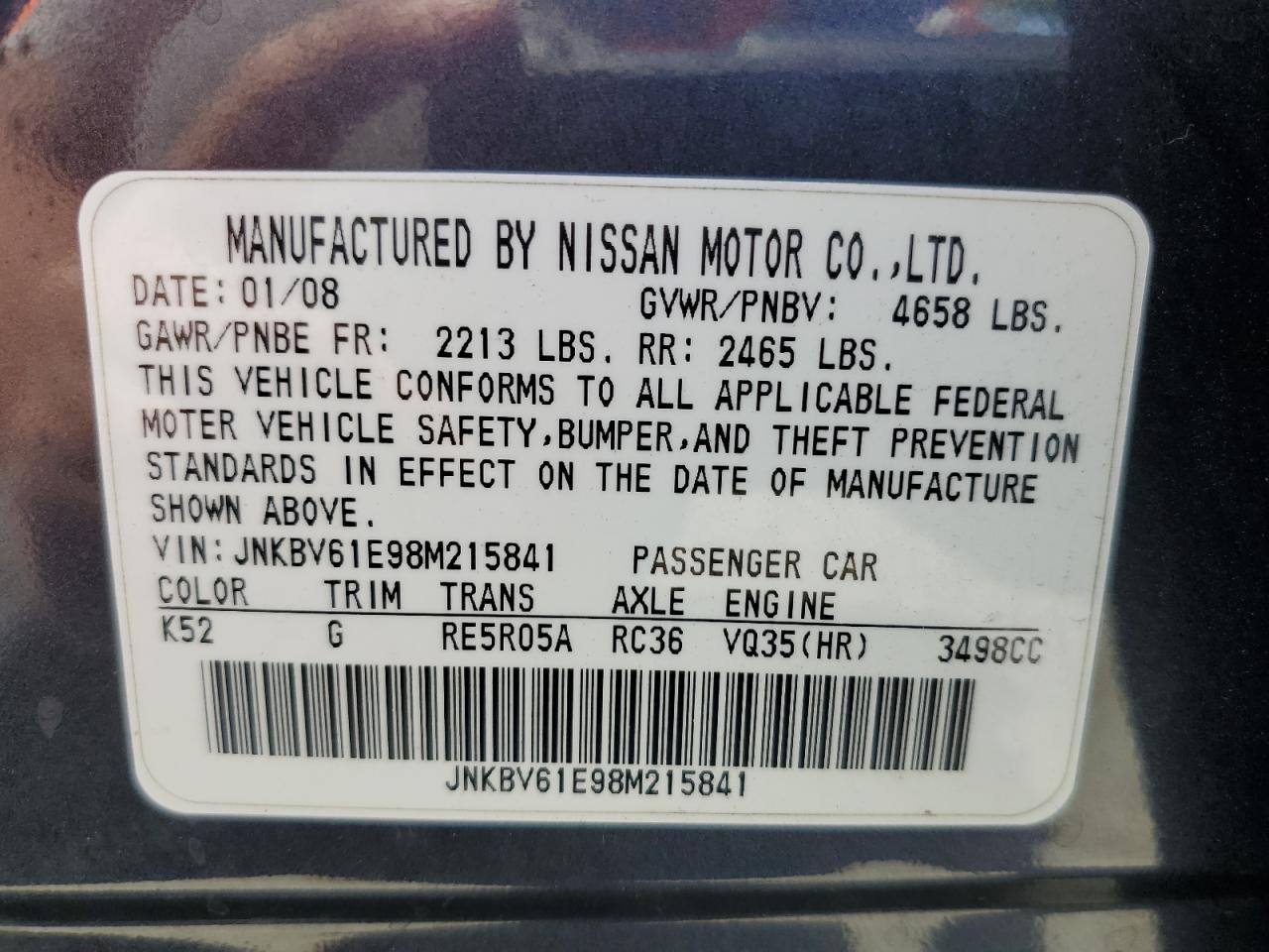 2008 Infiniti G35 VIN: JNKBV61E98M215841 Lot: 62531015
