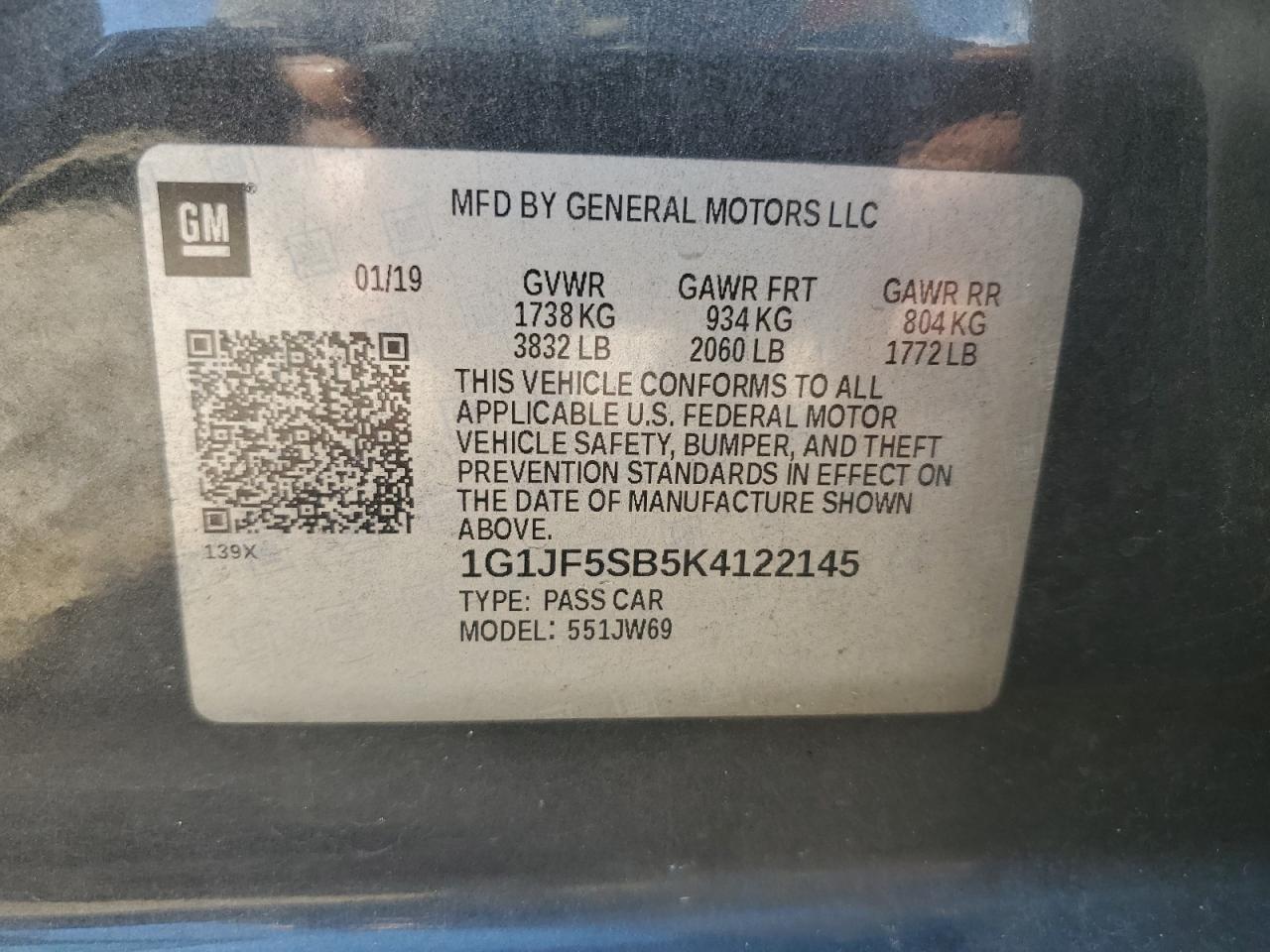 2019 Chevrolet Sonic Premier VIN: 1G1JF5SB5K4122145 Lot: 60795735