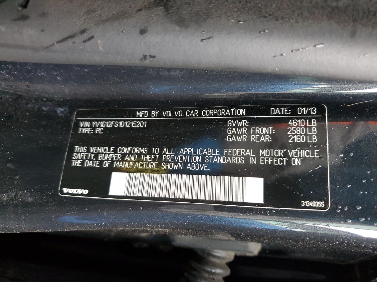 2013 Volvo S60 T5 VIN: YV1612FS1D1215201 Lot: 60603265