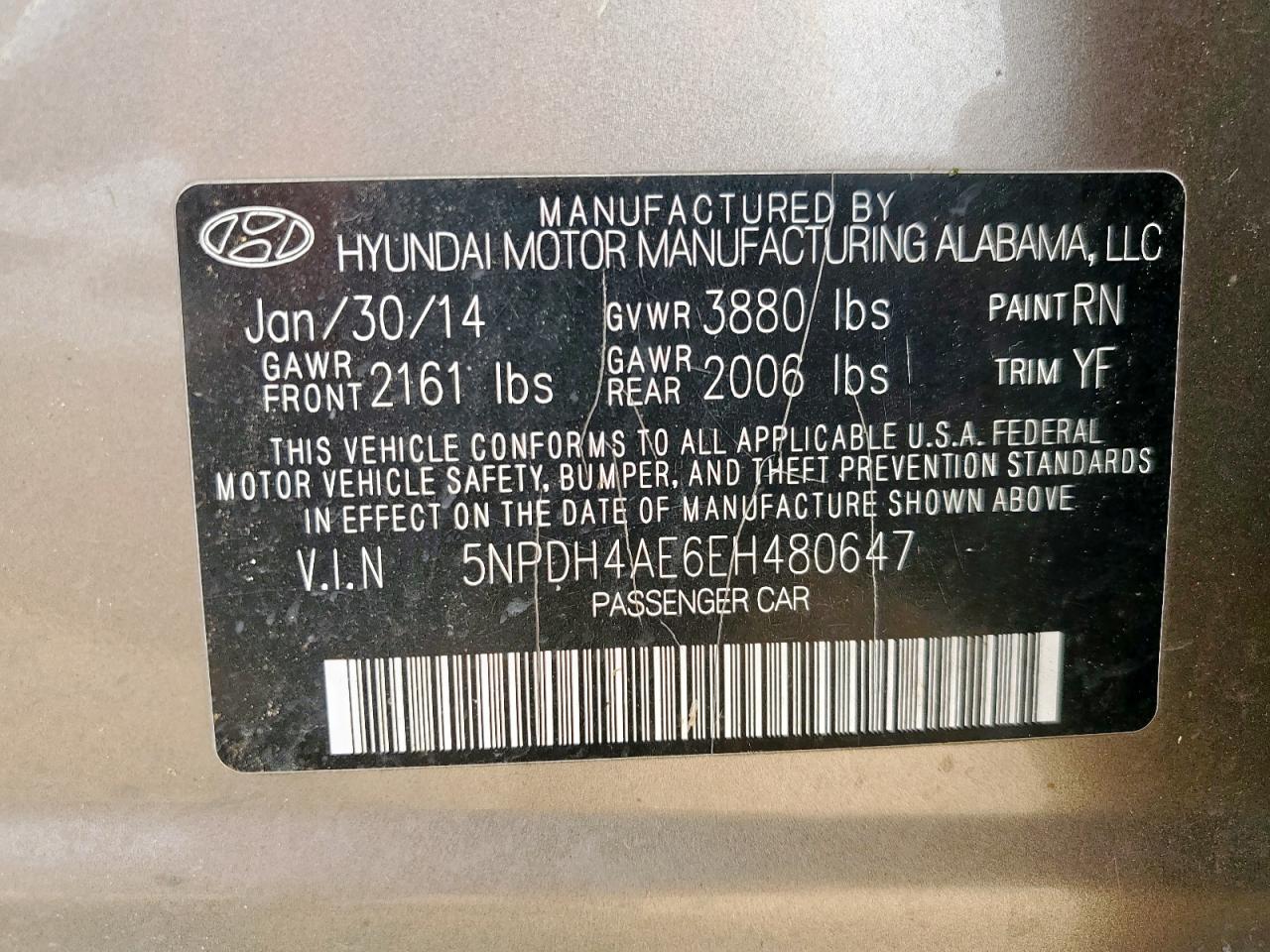 2014 Hyundai Elantra Se VIN: 5NPDH4AE6EH480647 Lot: 63104985