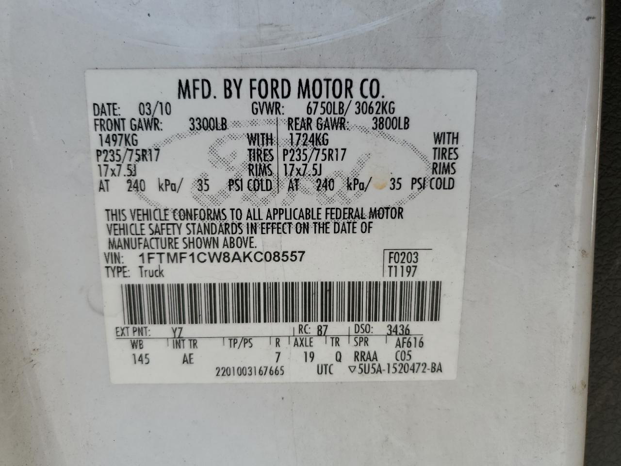 FORD All Models 2010 VIN 1FTMF1CW8AKC08557 zdjęcie 12