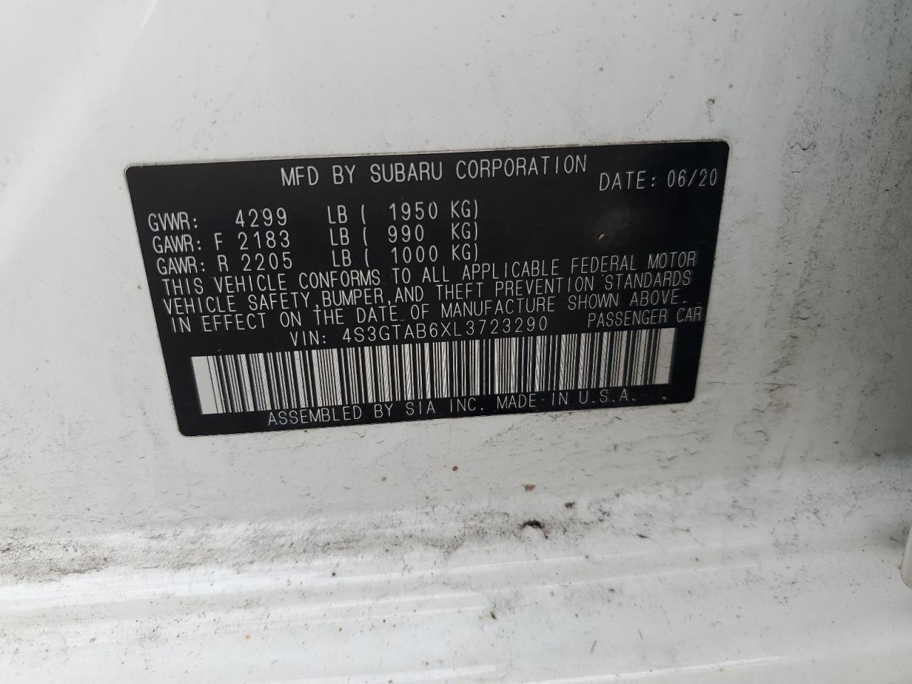 2020 Subaru Impreza VIN: 4S3GTAB6XL3723290 Lot: 62580435