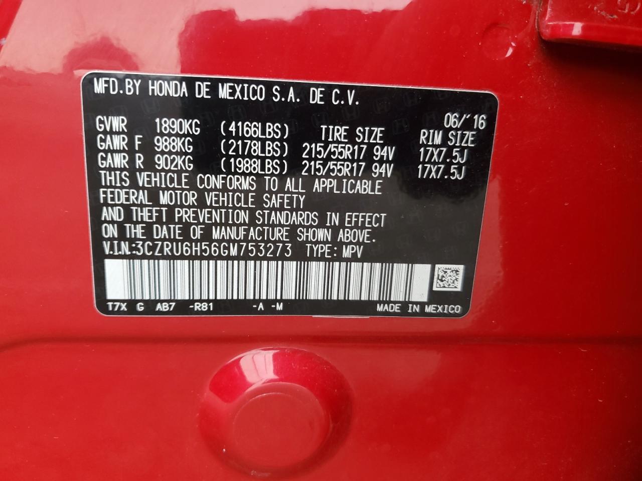 2016 Honda Hr-V Ex VIN: 3CZRU6H56GM753273 Lot: 60962985