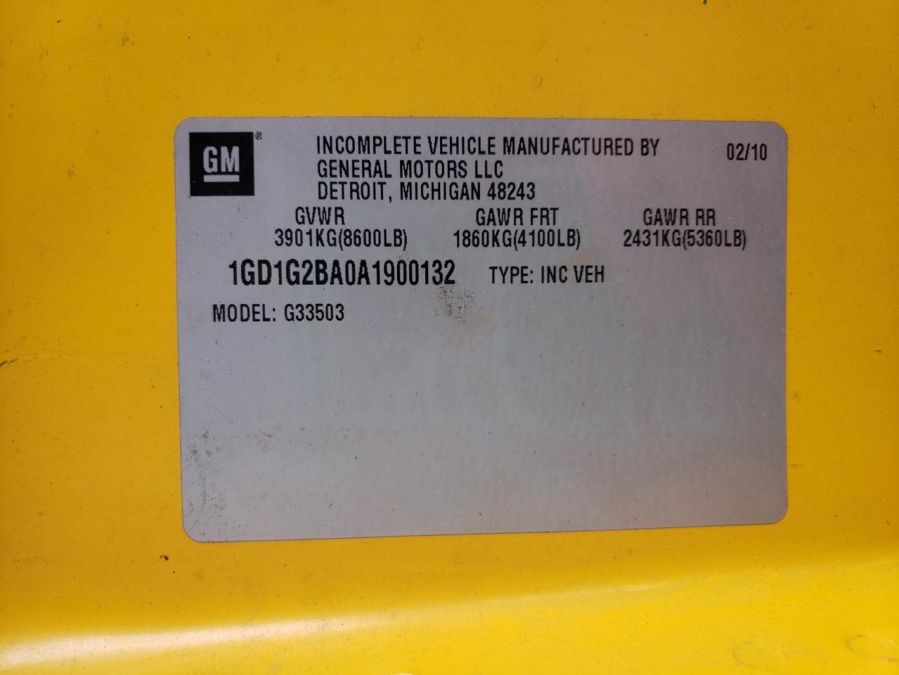 2010 GMC Savana Cutaway G3500 VIN: 1GD1G2BA0A1900132 Lot: 59278795