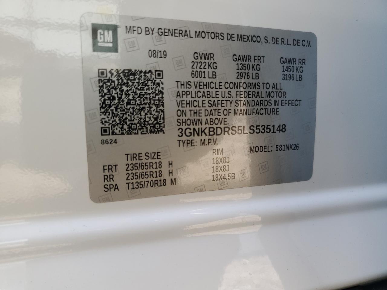 2020 Chevrolet Blazer 3Lt VIN: 3GNKBDRS5LS535148 Lot: 61752835