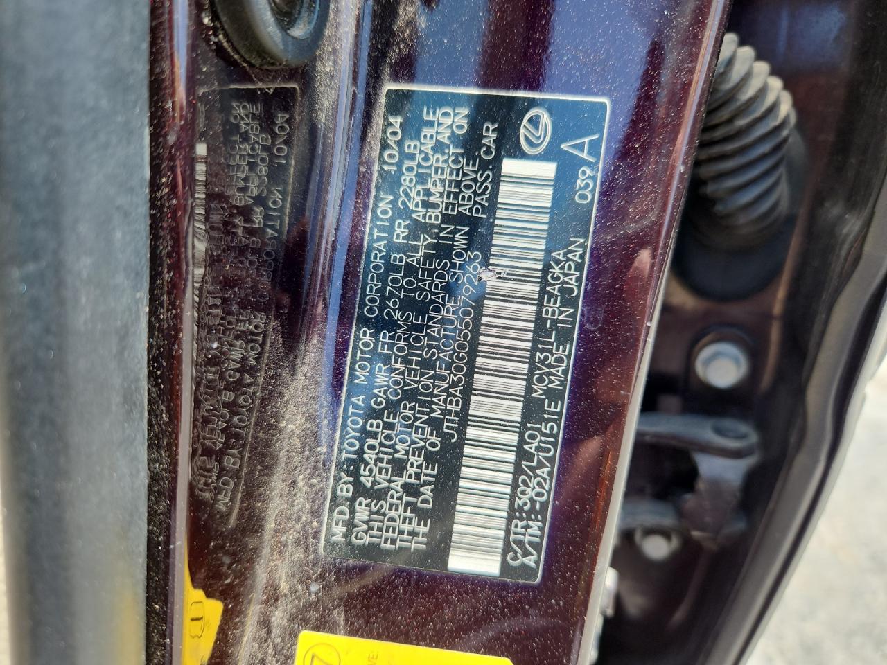 2005 Lexus Es 330 VIN: JTHBA30G055079263 Lot: 61261145
