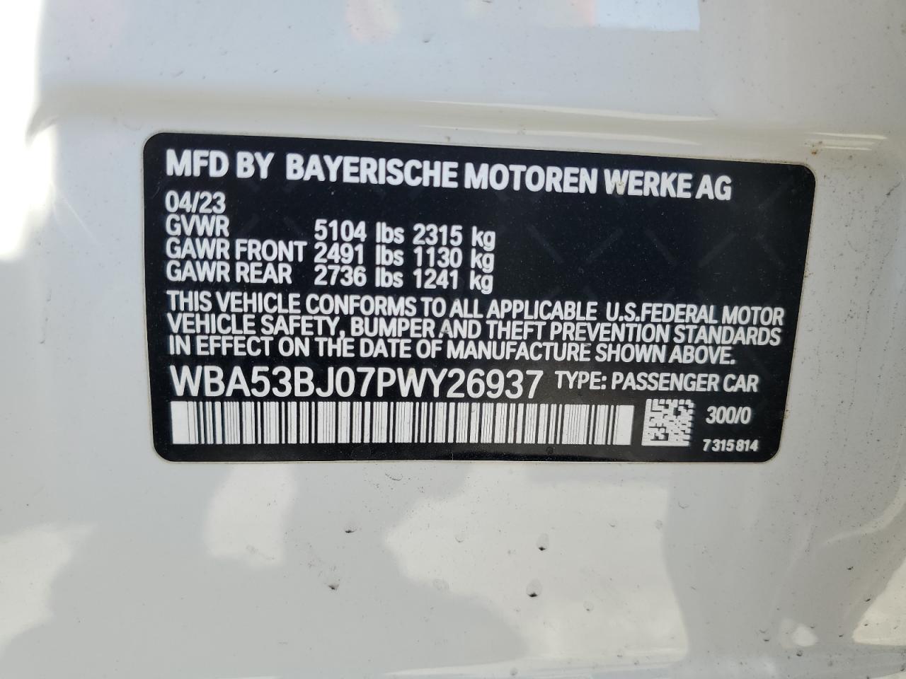 2023 BMW 540 I VIN: WBA53BJ07PWY26937 Lot: 58909465