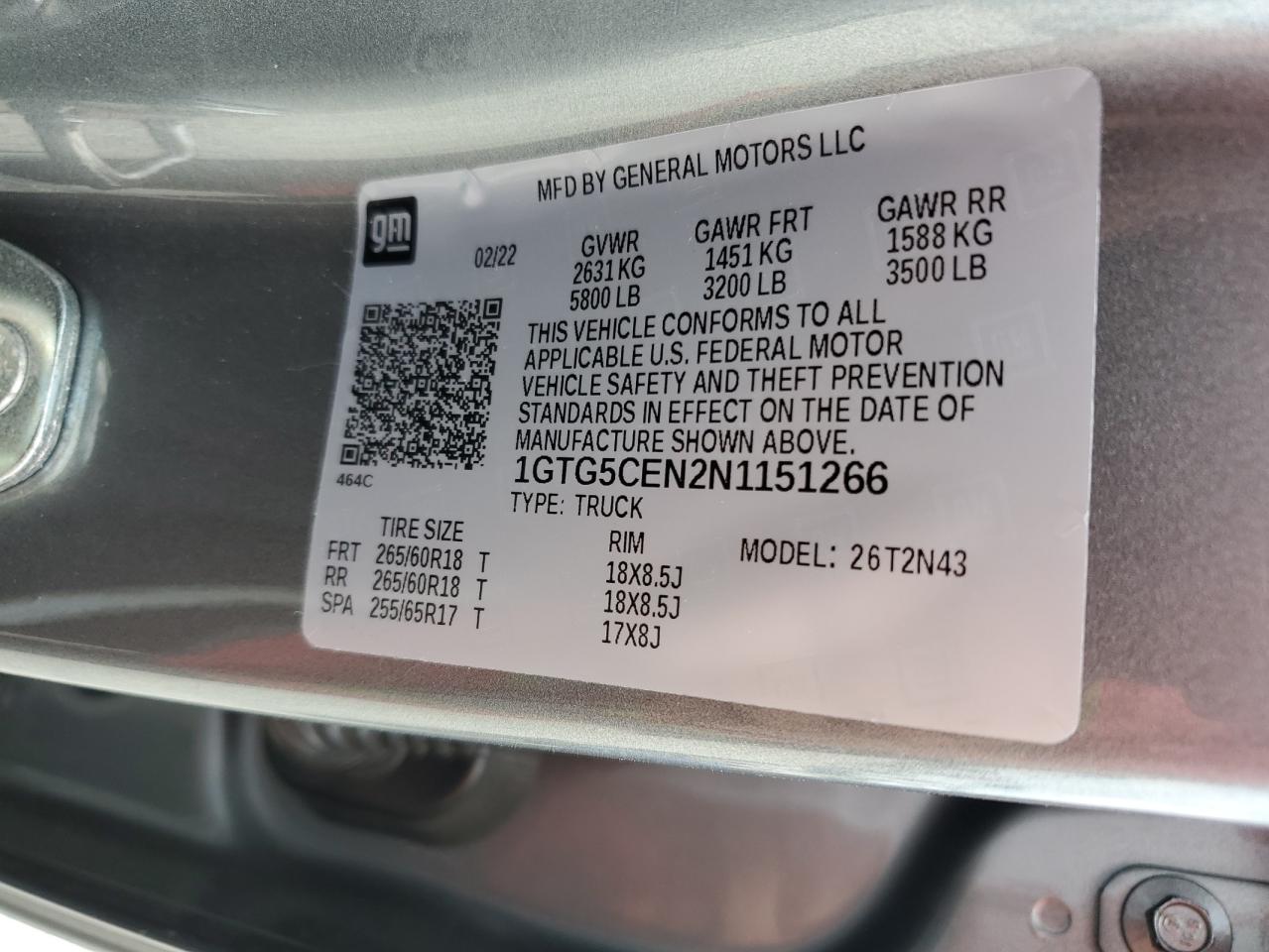 2022 GMC Canyon Elevation VIN: 1GTG5CEN2N1151266 Lot: 59361455