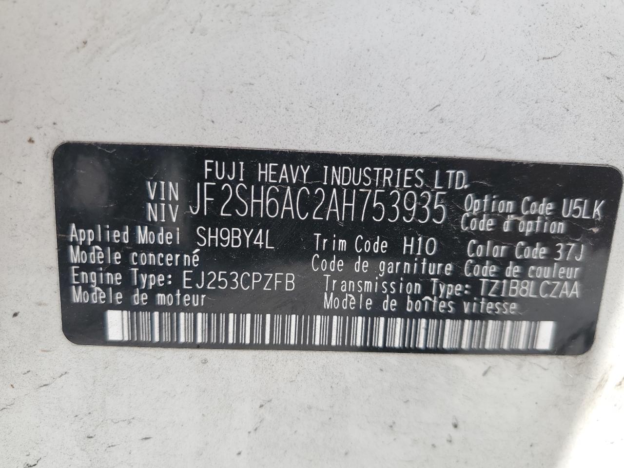 2010 Subaru Forester 2.5X VIN: JF2SH6AC2AH753935 Lot: 62716465
