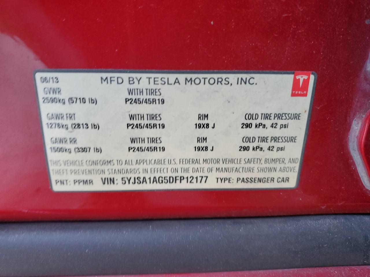 2013 Tesla Model S VIN: 5YJSA1AG5DFP12177 Lot: 61846195
