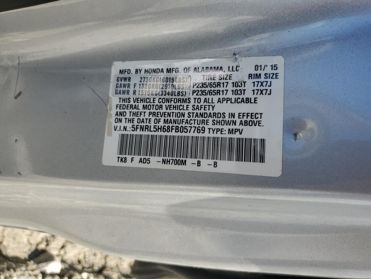 2015 Honda Odyssey Exl VIN: 5FNRL5H68FB057769 Lot: 62931815