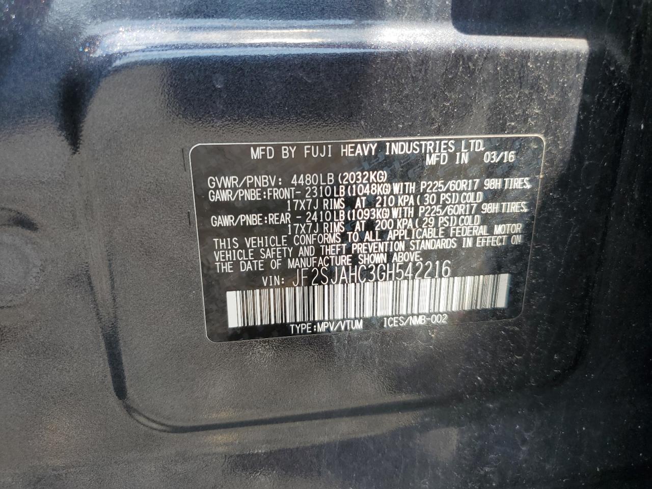 SUBARU FORESTER 2016 VIN JF2SJAHC3GH542216 фото 13