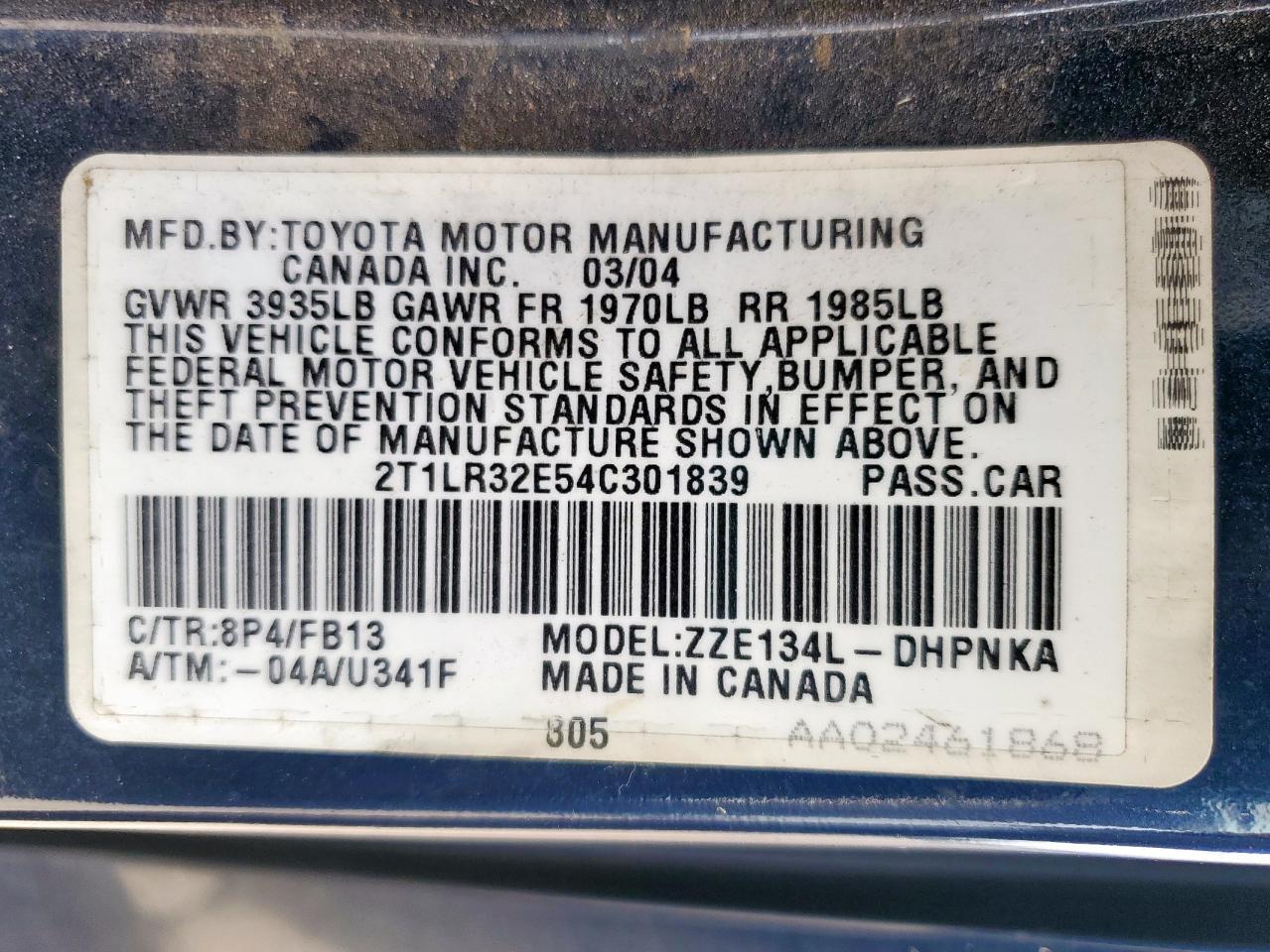 2004 Toyota Corolla Matrix Base VIN: 2T1LR32E54C301839 Lot: 59205485