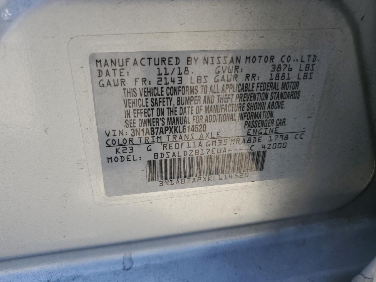2019 Nissan Sentra S VIN: 3N1AB7APXKL614520 Lot: 63028885