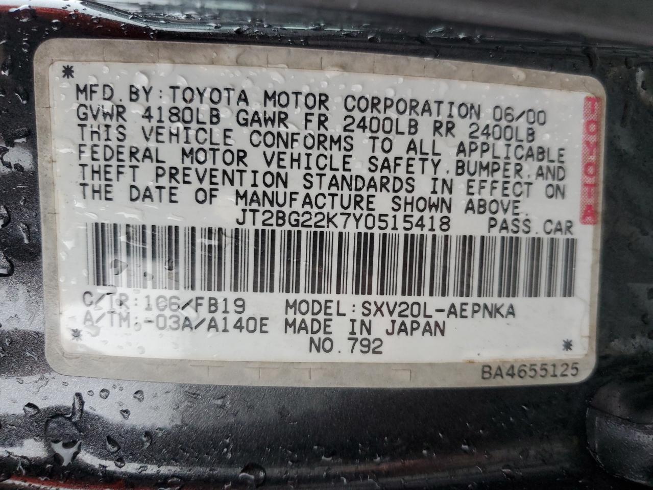 2000 Toyota Camry Ce VIN: JT2BG22K7Y0515418 Lot: 59726275
