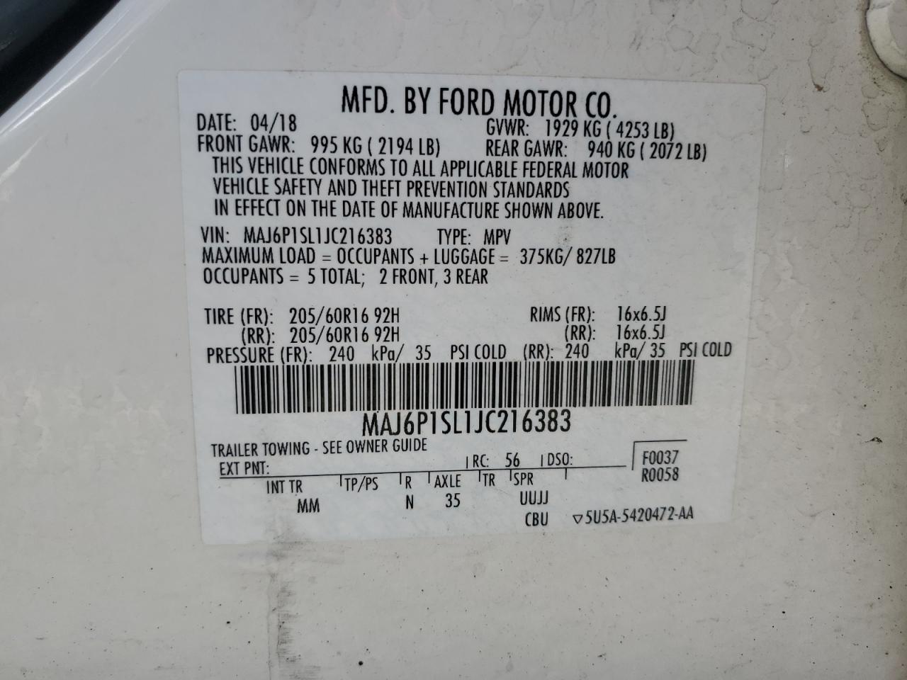 2018 Ford Ecosport S VIN: MAJ6P1SL1JC216383 Lot: 63018485