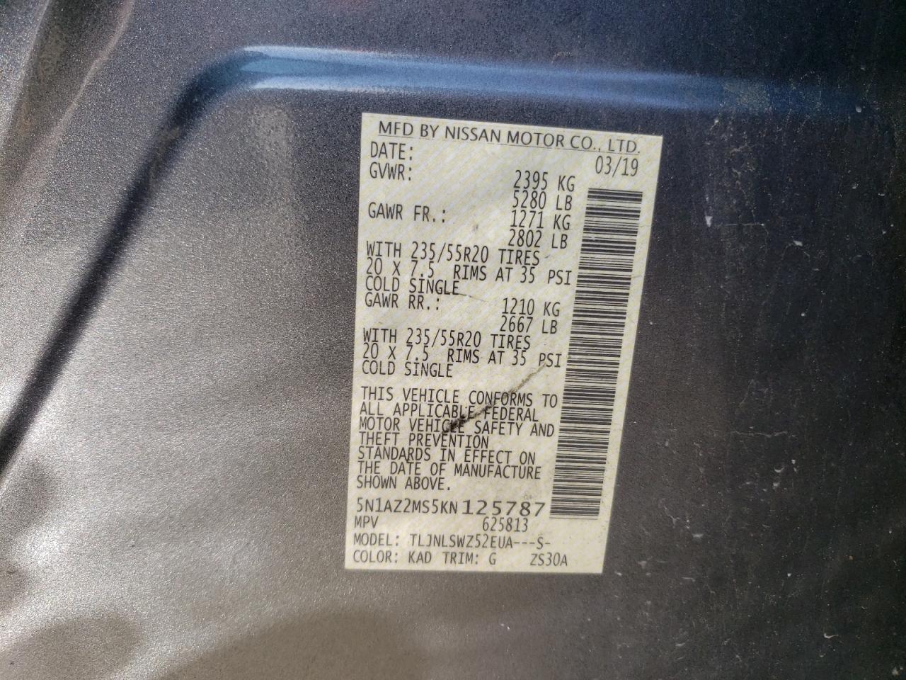 2019 Nissan Murano S VIN: 5N1AZ2MS5KN125787 Lot: 59139935