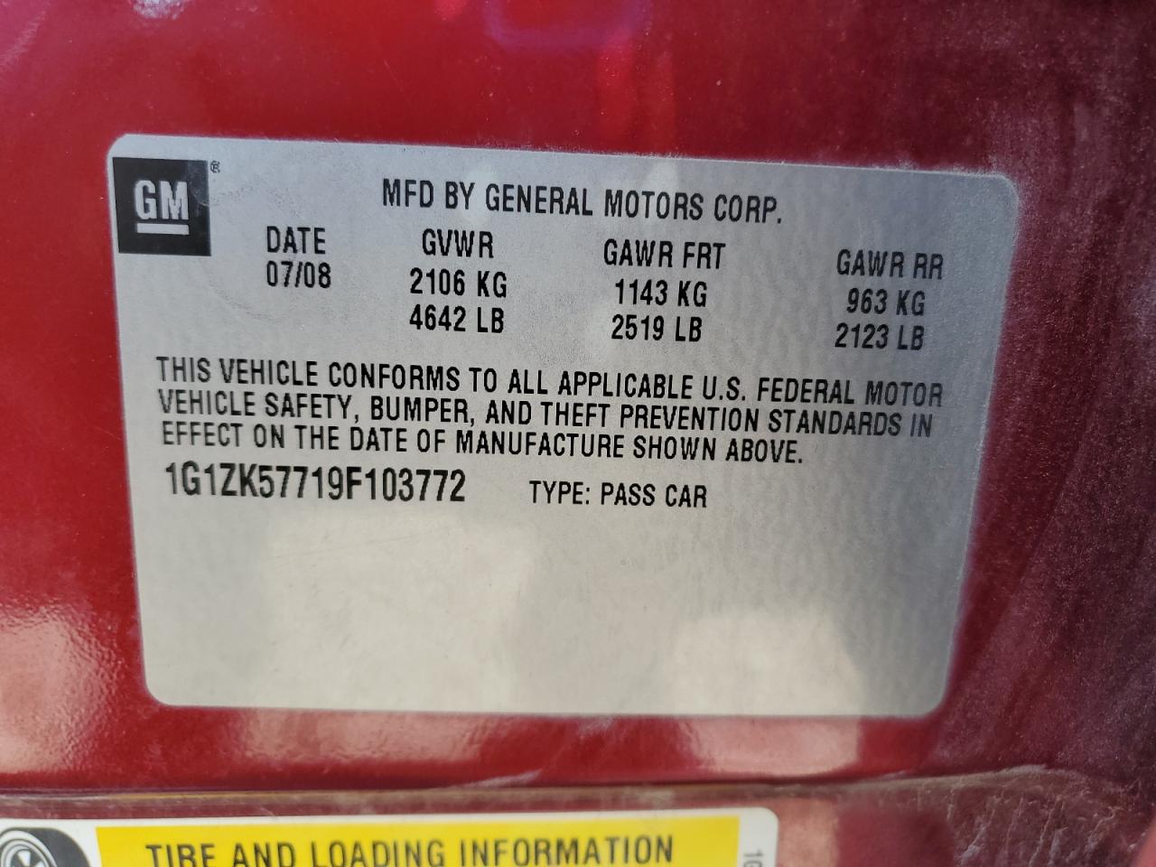 2009 Chevrolet Malibu Ltz VIN: 1G1ZK57719F103772 Lot: 61940485
